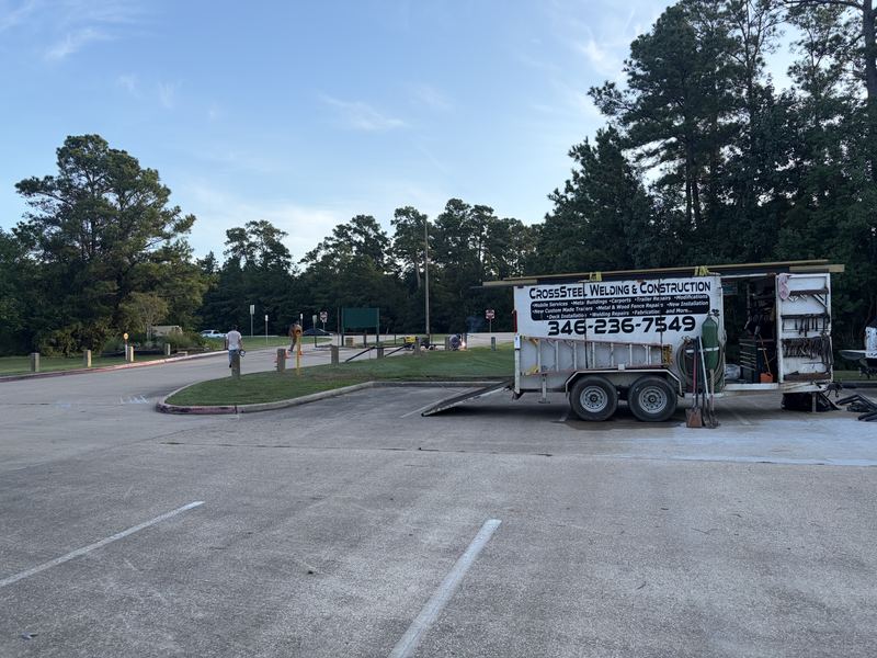 CrossSteel mobile welding rig set up in a commercial park parking lot for an on-site fabrication job