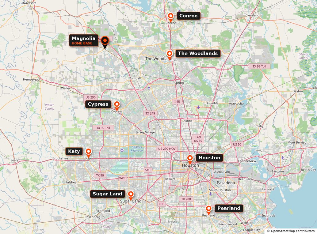 Map of Greater Houston with CrossSteel Welding service locations pinned: Magnolia home base, Conroe, The Woodlands, Cypress, Katy, Houston, Sugar Land, and Pearland